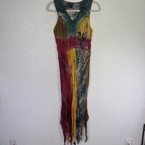 Boho Tie Dye Maxi Dress Womens Free Size Festival Fairy Handkerchief Hem Flowy